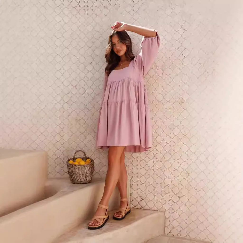 Children pullover square collar puff sleeve backless A-line dress in solid colour, artistic retro style