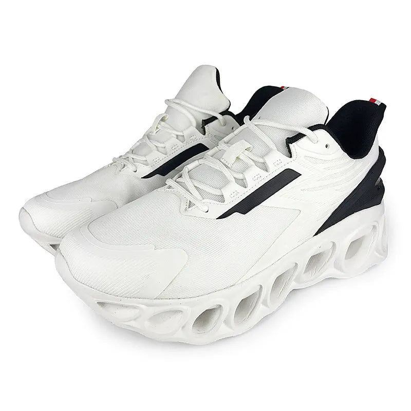 Men's casual mesh sports shoes in black, white, and dark blue colours with front lace-up closure