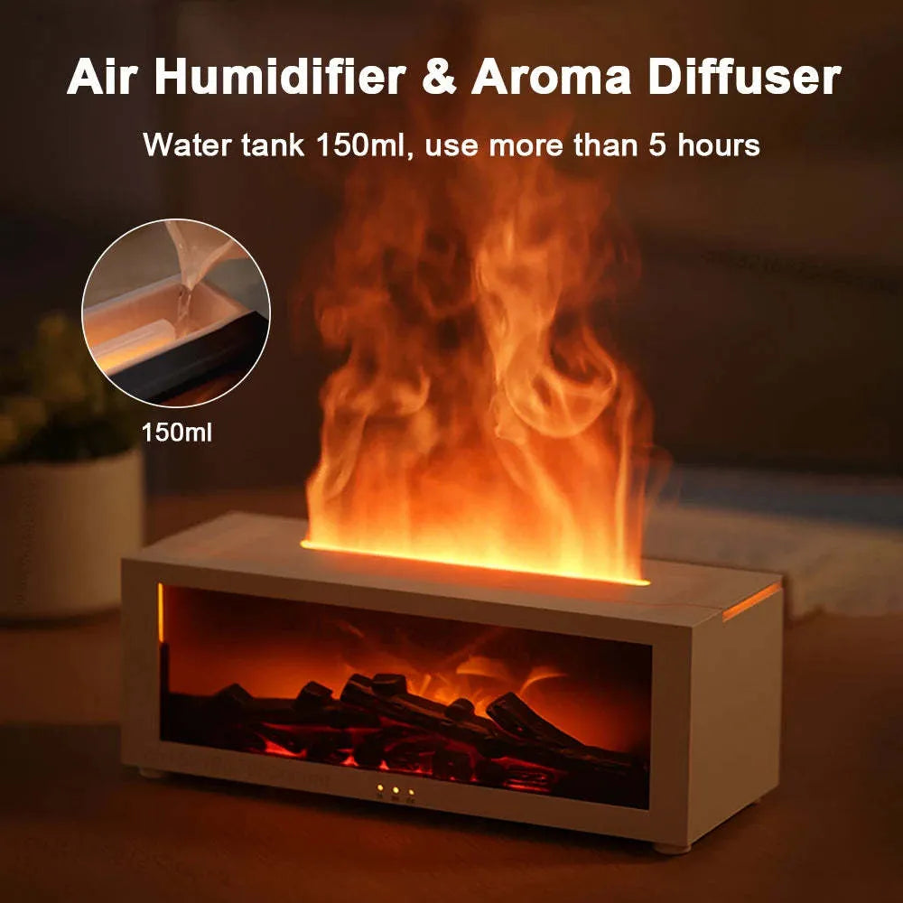 Square desktop flame effect essential oil diffuser with coloured mood lighting and remote control.