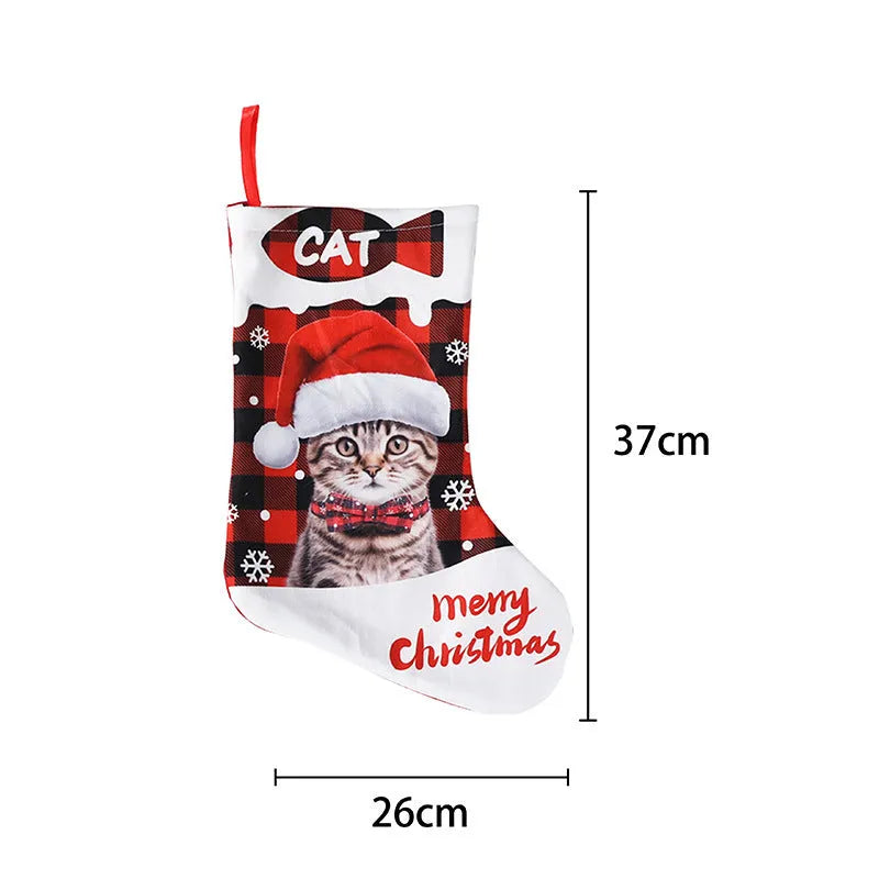 26x36cm printed cloth Christmas banner with puppy and cat designs in plaid patterns