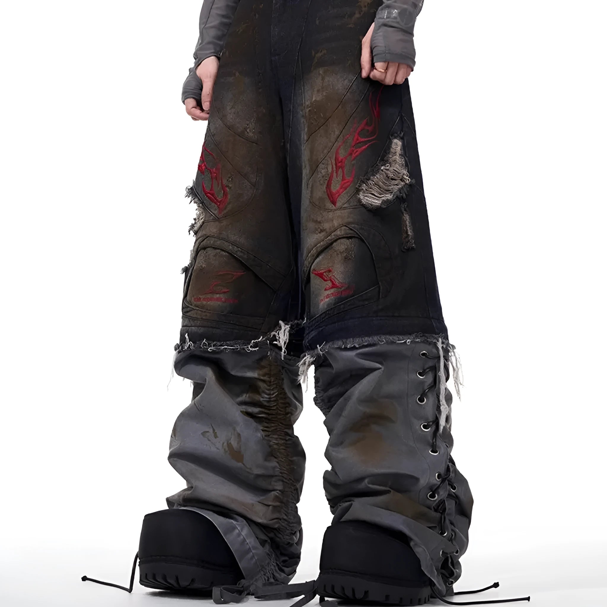 Men's retro jeans with detachable legs showing wide leg design and mid-high waist