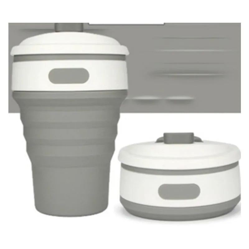 Green collapsible silicone travel mug shown expanded and folded to 6cm height