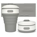 Green collapsible silicone travel mug shown expanded and folded to 6cm height