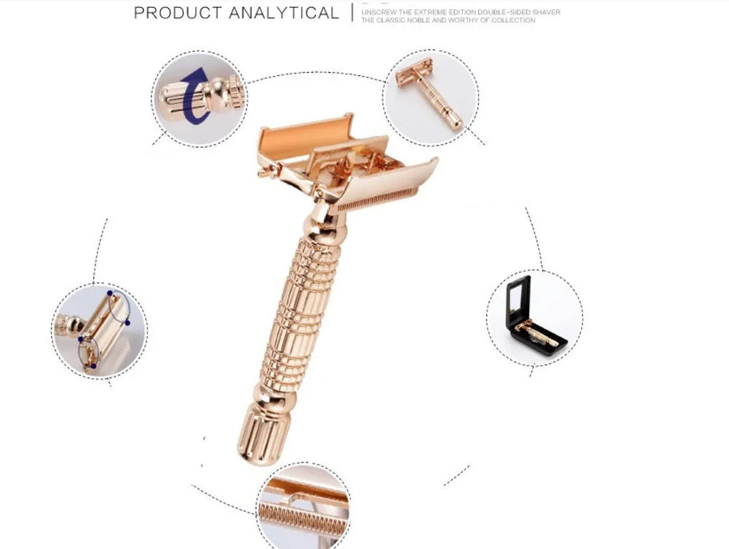 Rose gold chrome plated alloy double edge safety razor with butterfly mechanism in storage box with mirror
