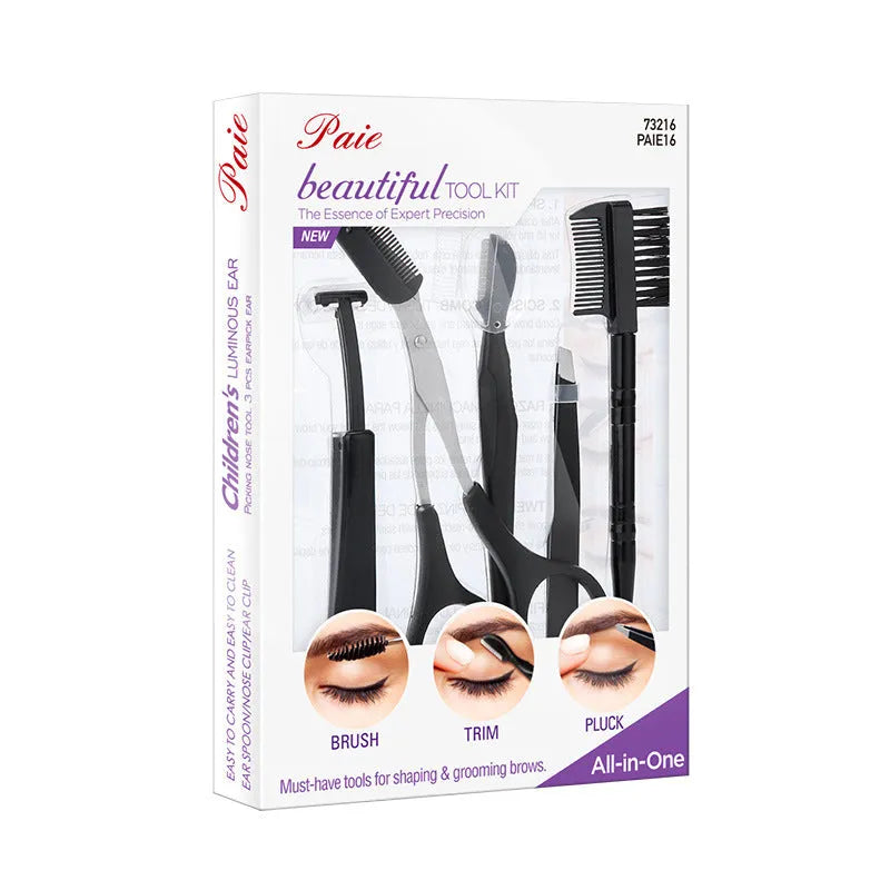 Black eyebrow trimmer set with stainless steel blade and compact 14x10x2cm size on a plain background.