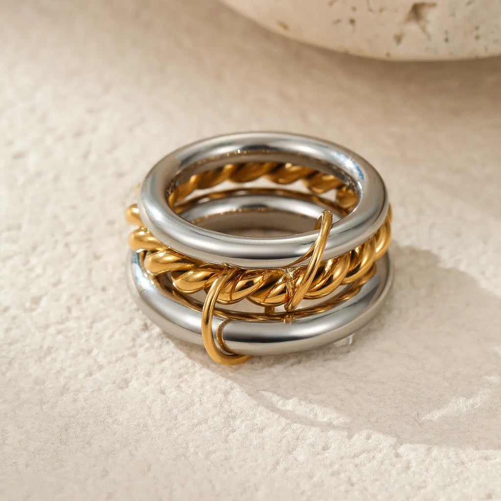Women's stainless steel stacked ring set with 18K gold plating in three colour variations