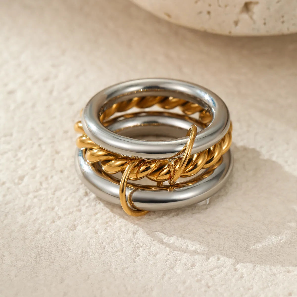 Women's stainless steel stacked ring set with 18K gold plating in three colour variations