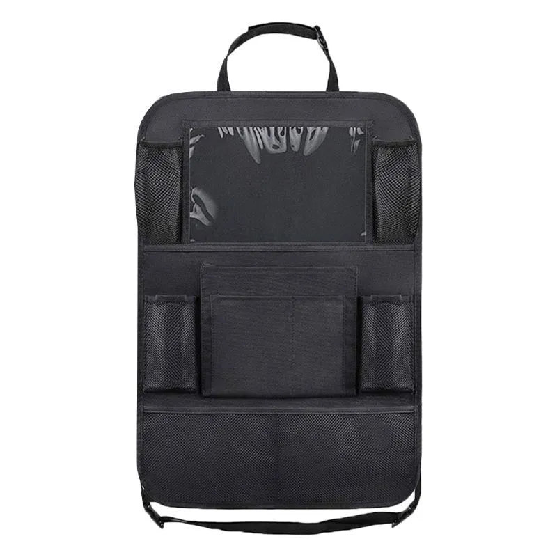 Black Oxford fabric car seat back pocket storage bag measuring 61x41cm