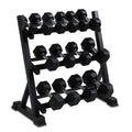 Three-layer black dumbbell rack with square tube and angle iron frame, 99x54x95cm