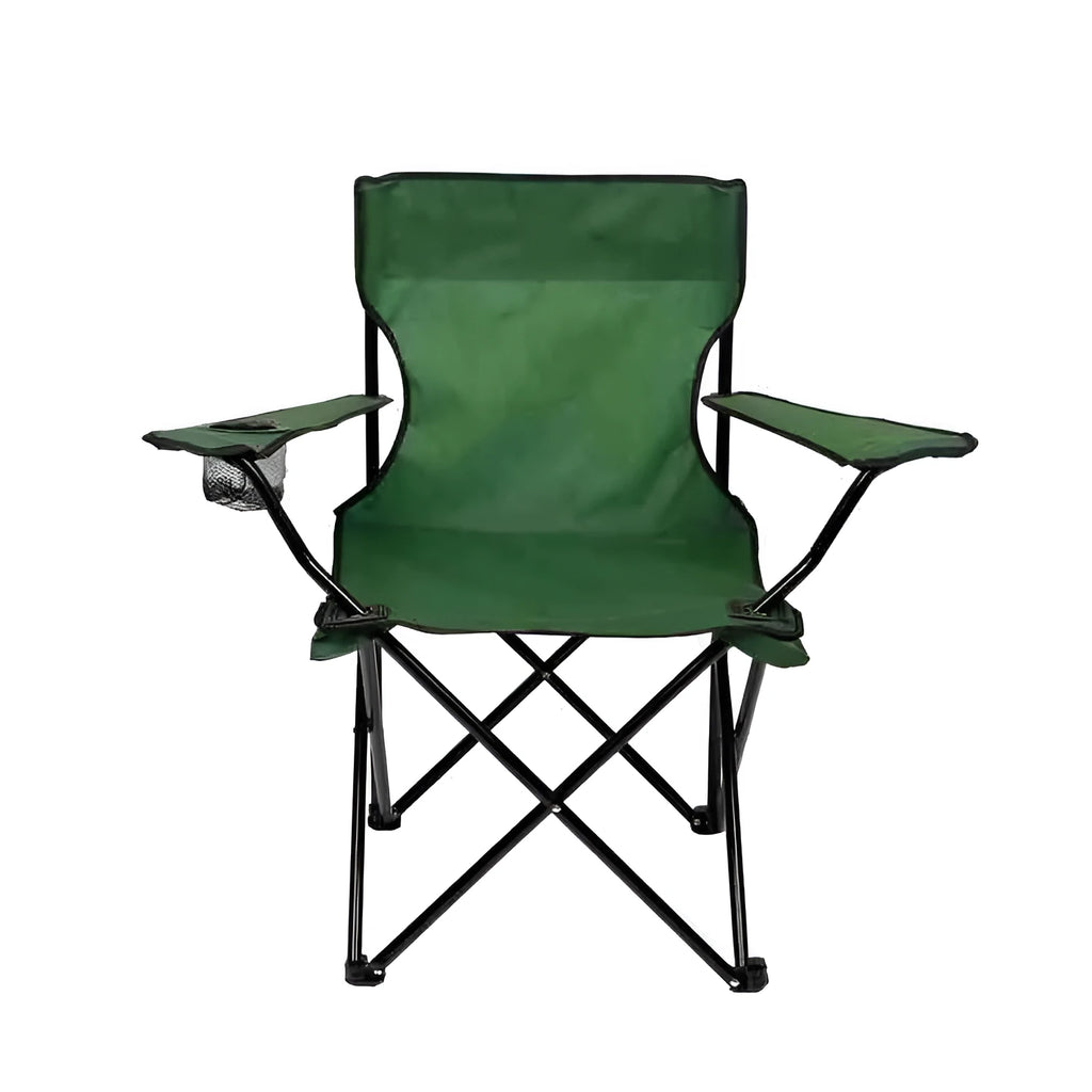 Outdoor fishing chair with black steel frame and blue 600D Oxford cloth backrest seat, folded for transport