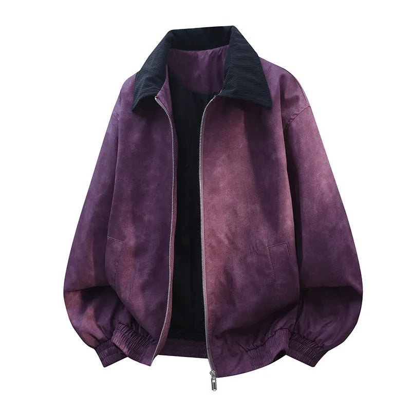 Men's stitching lapel casual jacket in Lycra fabric showing side seam pockets and straight hem design