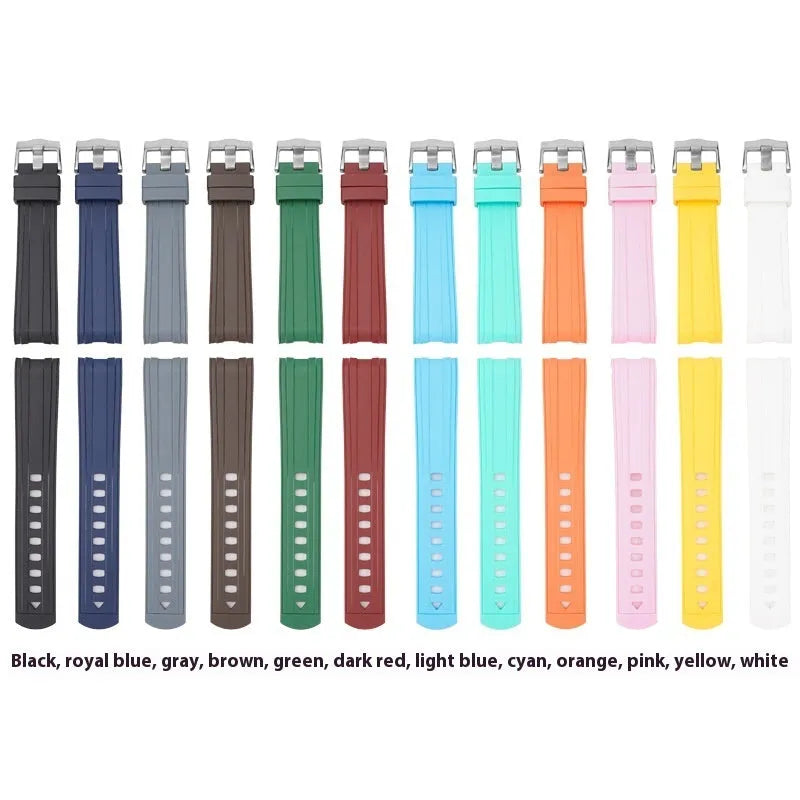 Original style Apple Watch replacement strap in multiple colours with silver buckle, shown in 20mm and 22mm sizes.