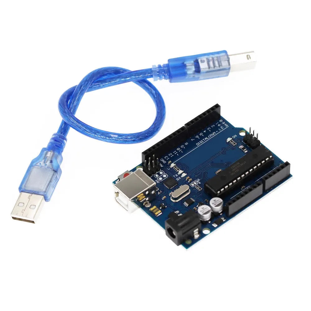 ATmega328P UNO R3 development board with USB cable for programming microcontroller projects