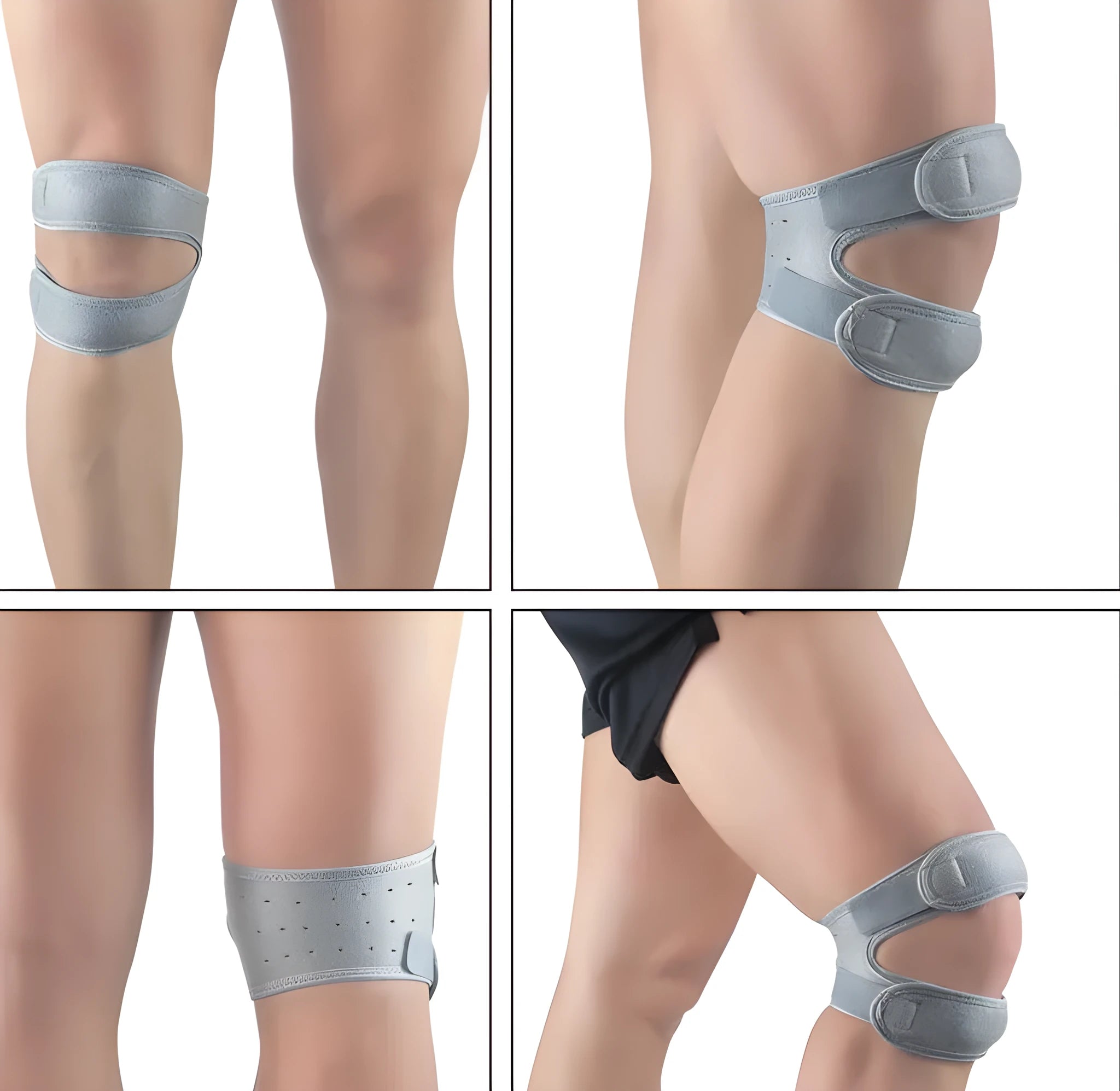Professional patella band knee support in black with shock absorbing EVA pad and breathable rear perforations