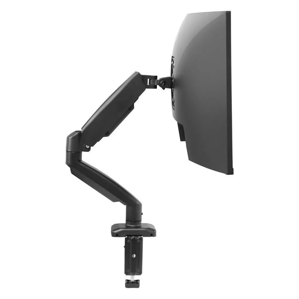 Black rotating telescopic monitor bracket on desk with adjustable arm and elevated design