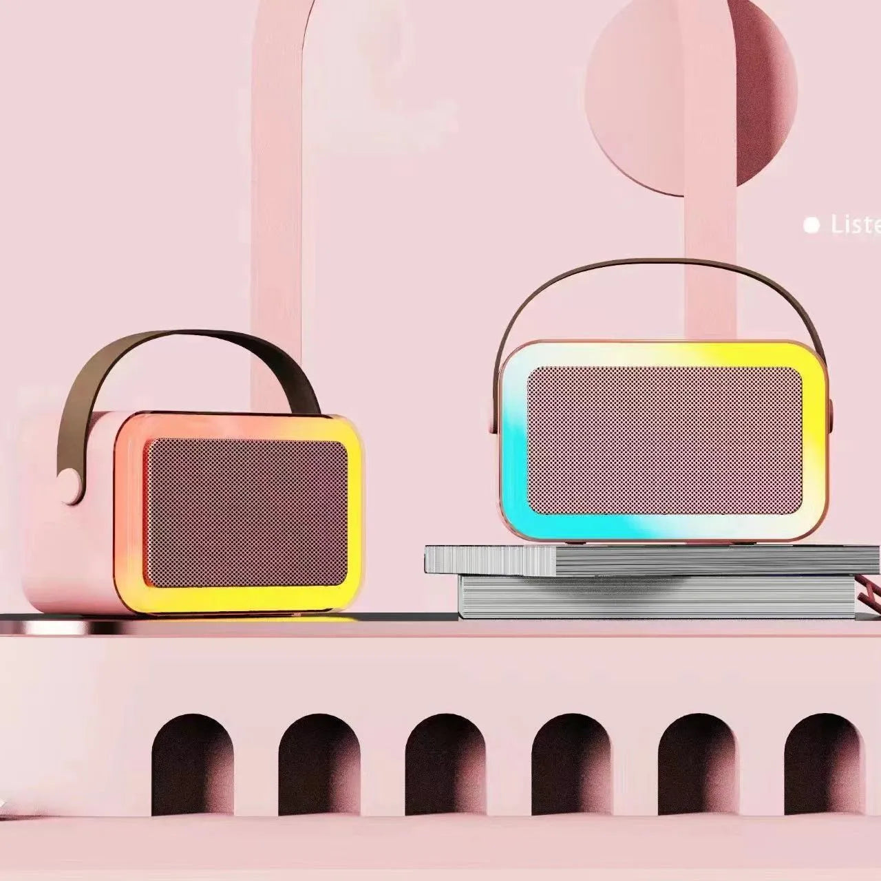 Pink, sky blue, and white portable Bluetooth karaoke microphone speaker with coloured lights.