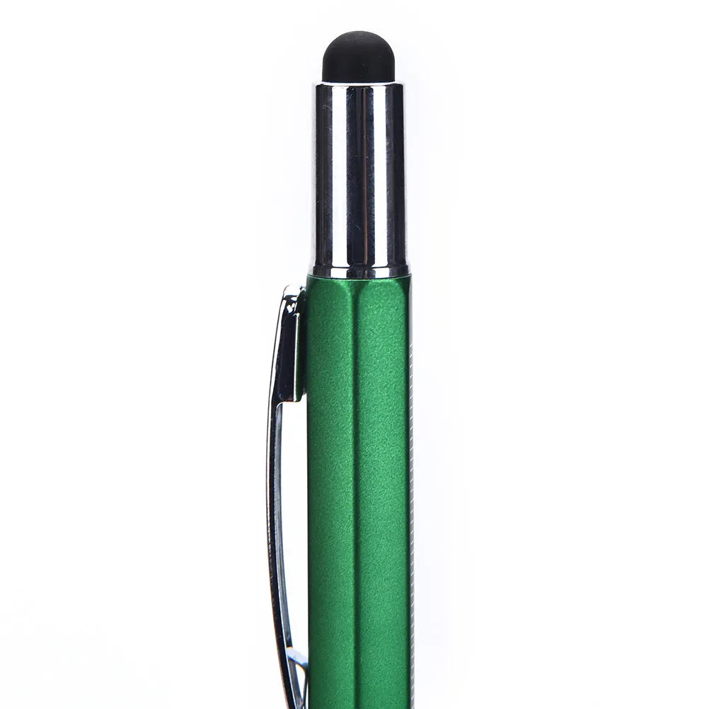 6 in 1 multi-function ballpoint pen with touch screen stylus, screwdriver tips, ruler and spirit level in black plastic