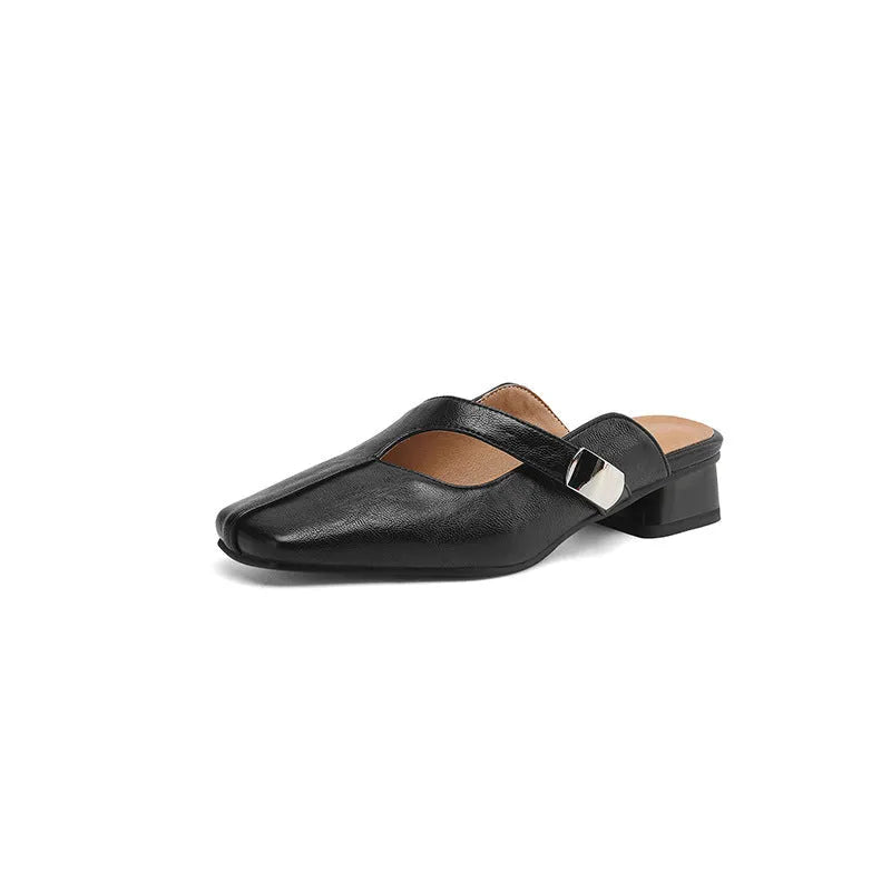 Women's square-toe outdoor slippers in black with a low heel and rubber sole.
