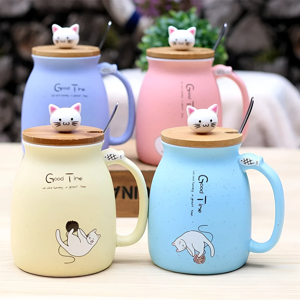 450ml cartoon ceramics cat mug with lid and spoon in pink