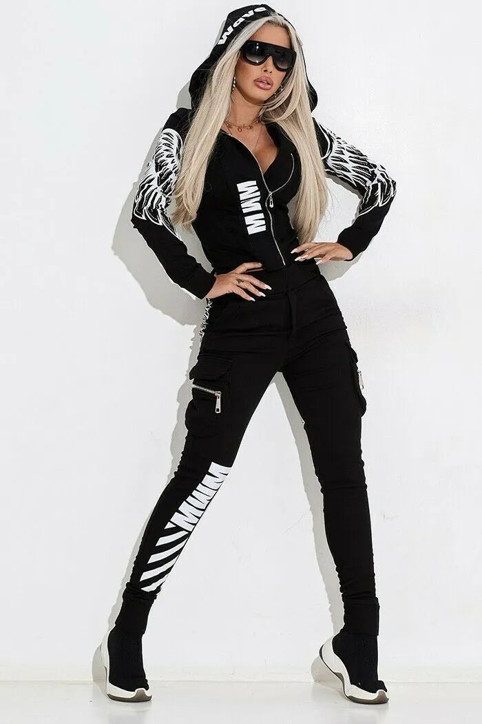 Women's black casual suit with wings printing, hooded zipper top, and matching trousers for street fashion.