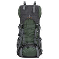 Unisex large capacity backpack 60L in olive green with multiple compartments and polyester lining