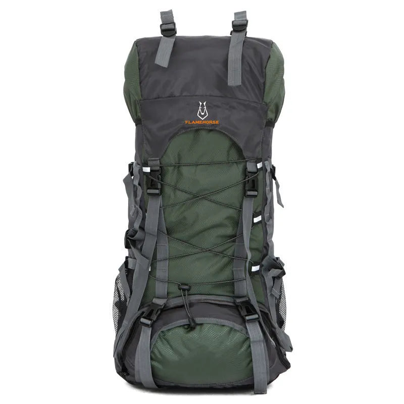 Unisex large capacity backpack 60L in olive green with multiple compartments and polyester lining
