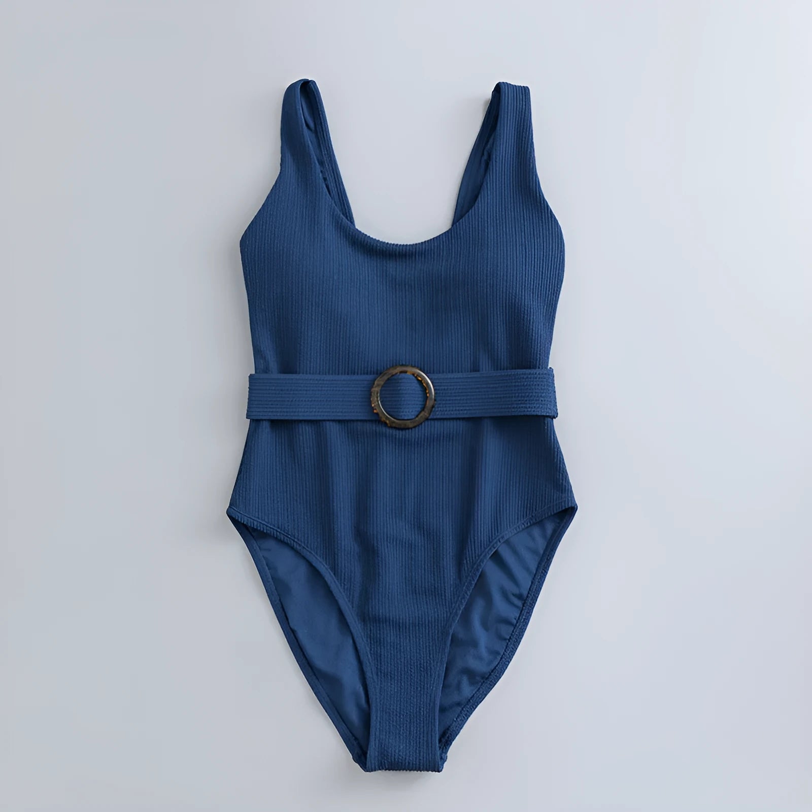 Navy blue solid colour women's one-piece slimming swimsuit with triangle shape and removable chest pads.