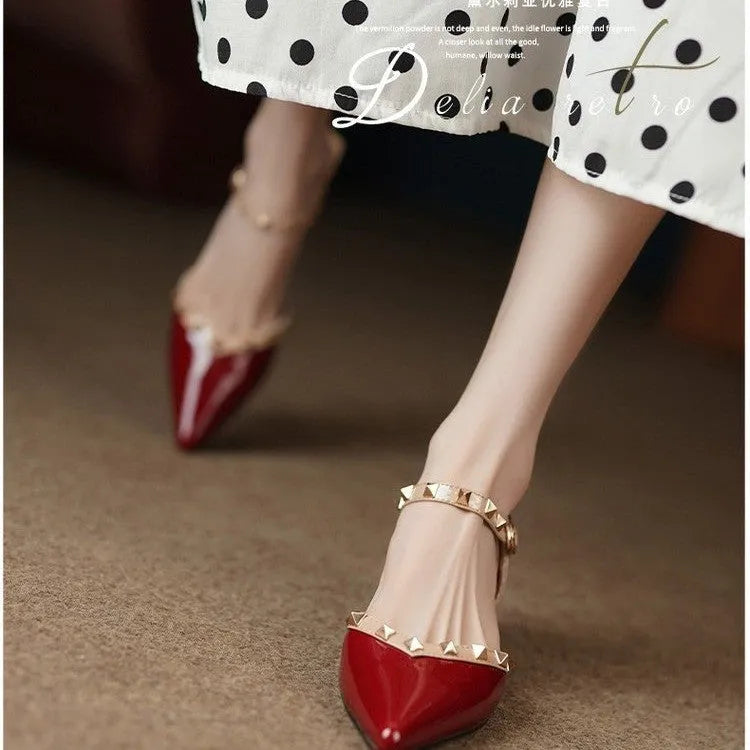 Women's fashion pointed mid heel patent leather shoes with ankle strap buckle in wine red, black, and white