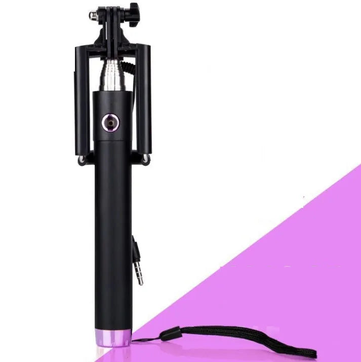 Extended aluminium telescopic self-timer rod with phone mount and line-control shutter release.