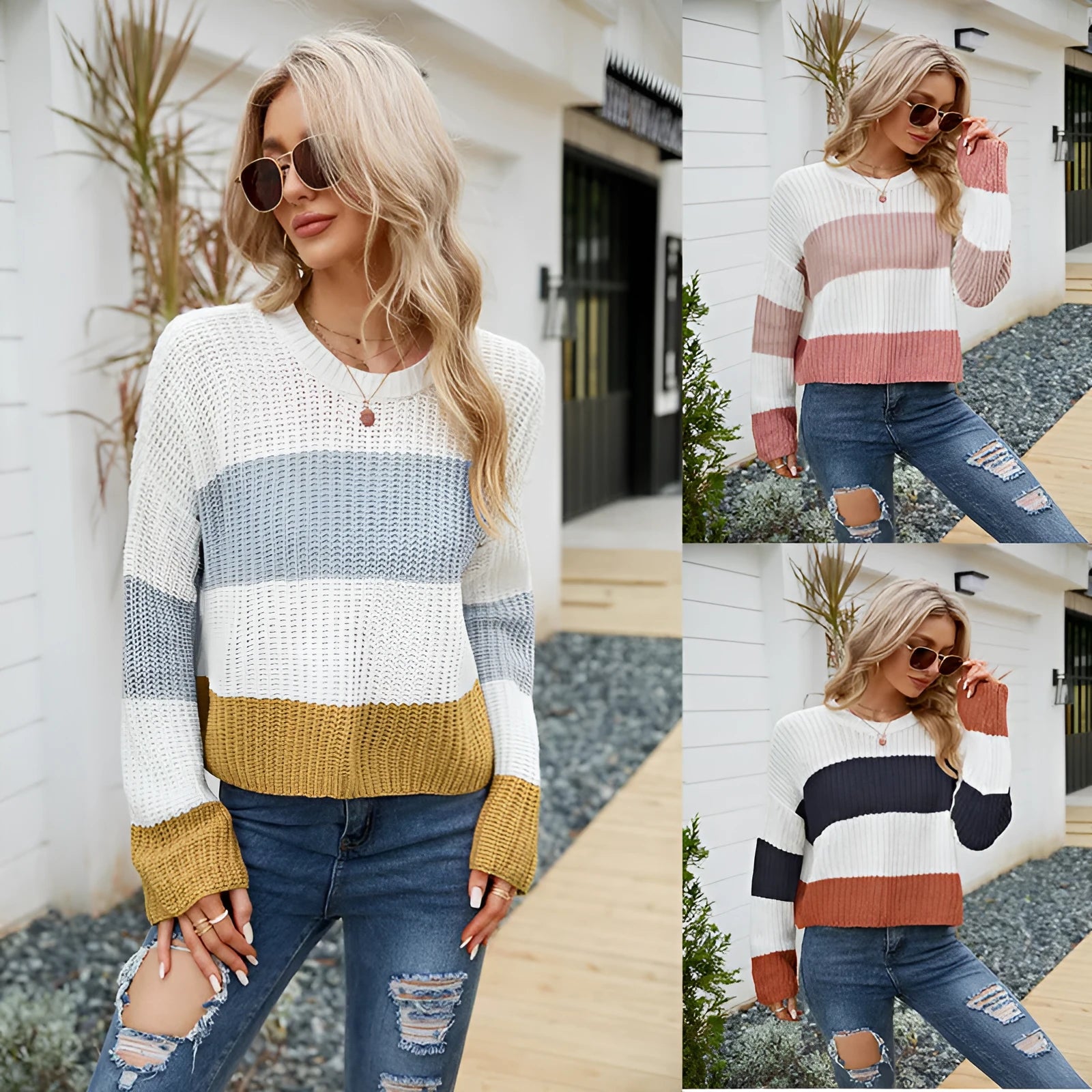 Women's striped pullover sweater in loose fit casual style