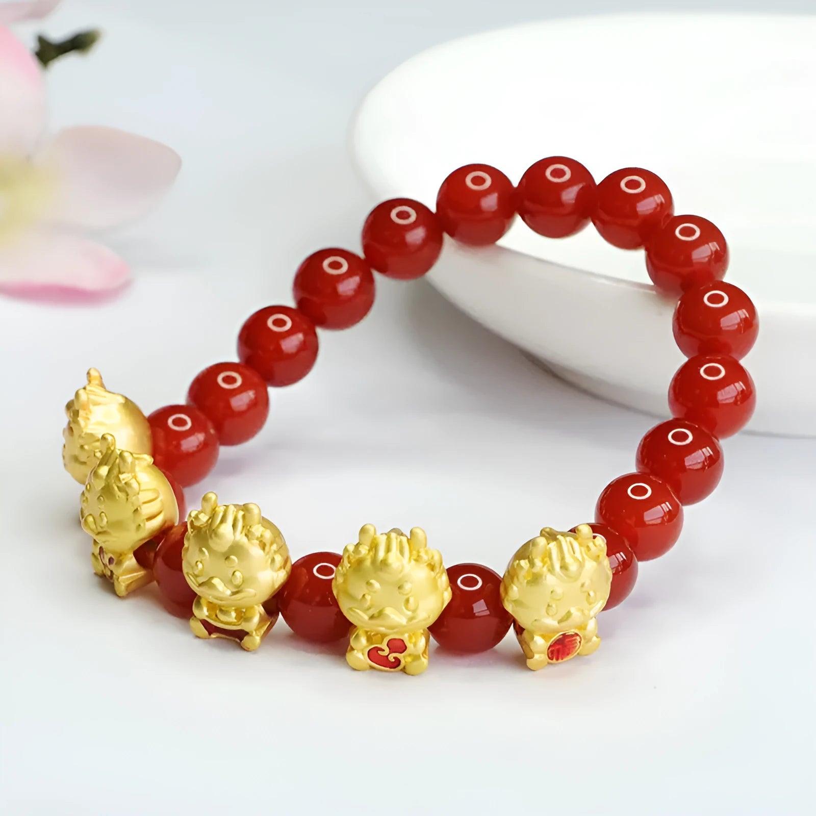 Red agate bracelet with Five Blessing Dragon design, Chinese style spiritual accessory