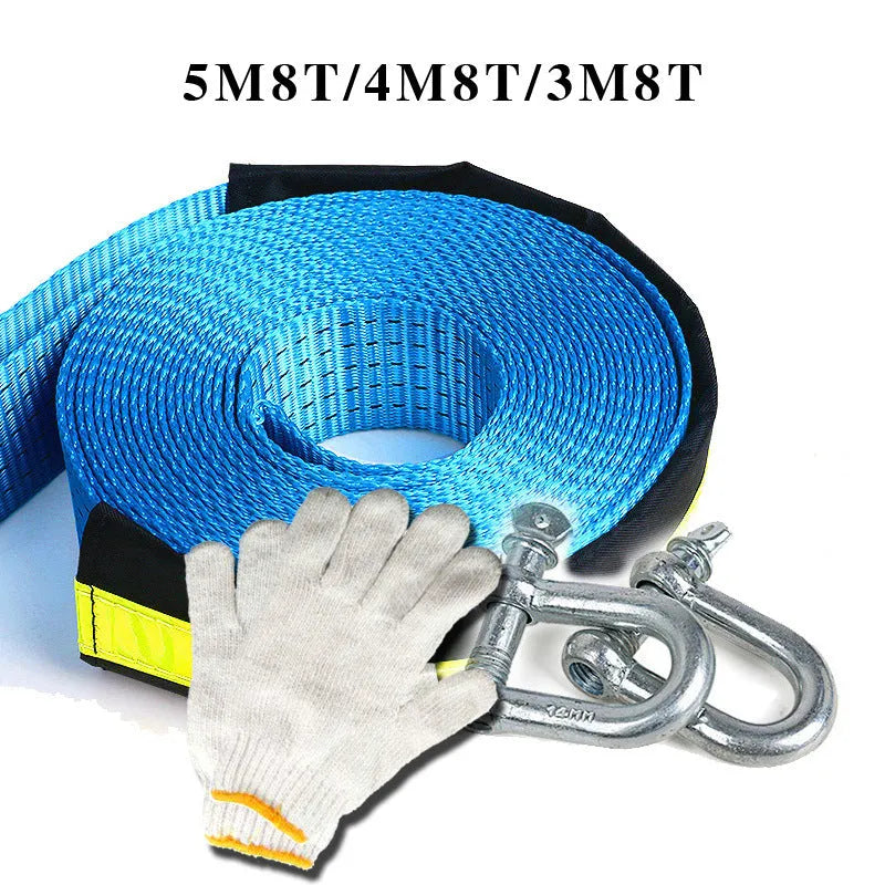Blue polyester elastic tow rope with hook fixers, 5 metres long, 8 ton break strength for car towing