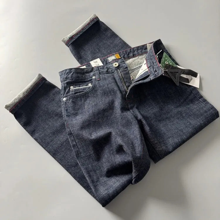 Men's primary colour straight leg denim jeans with American retro styling on a mid waist
