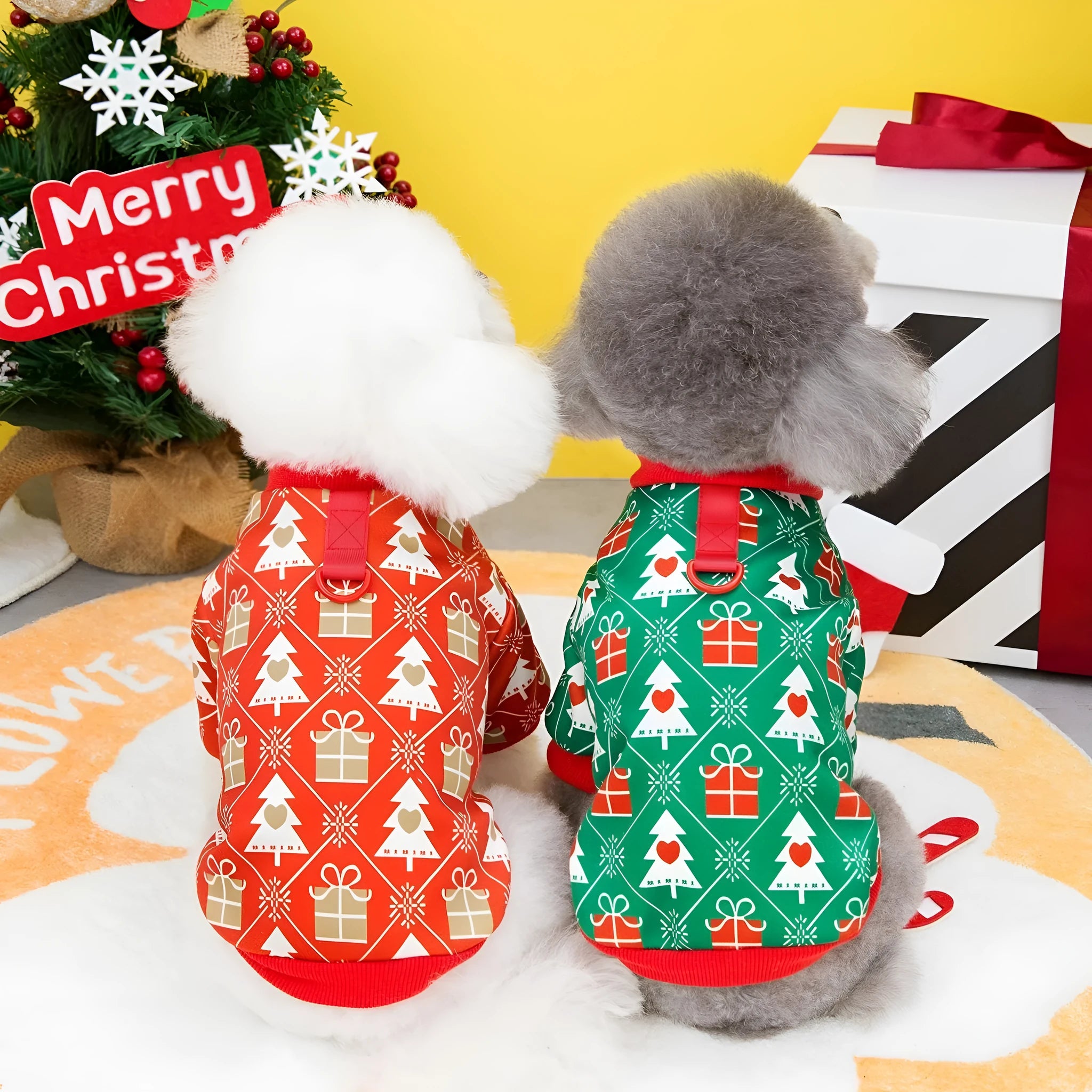 Festive green and red Christmas tree polyester hoodie for dogs, five sizes available