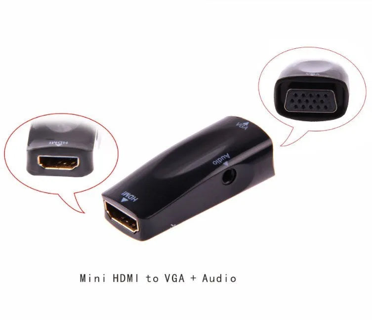 Black and white HDMI to VGA adapter converter showing compact dimensions