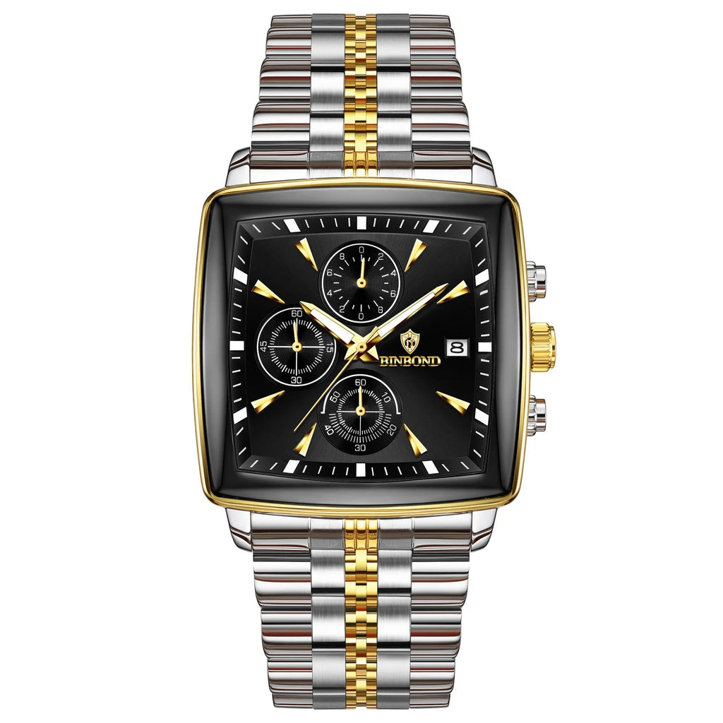 Men's rectangular quartz watch with luminous dial, stainless steel strap, and metal case in business styling