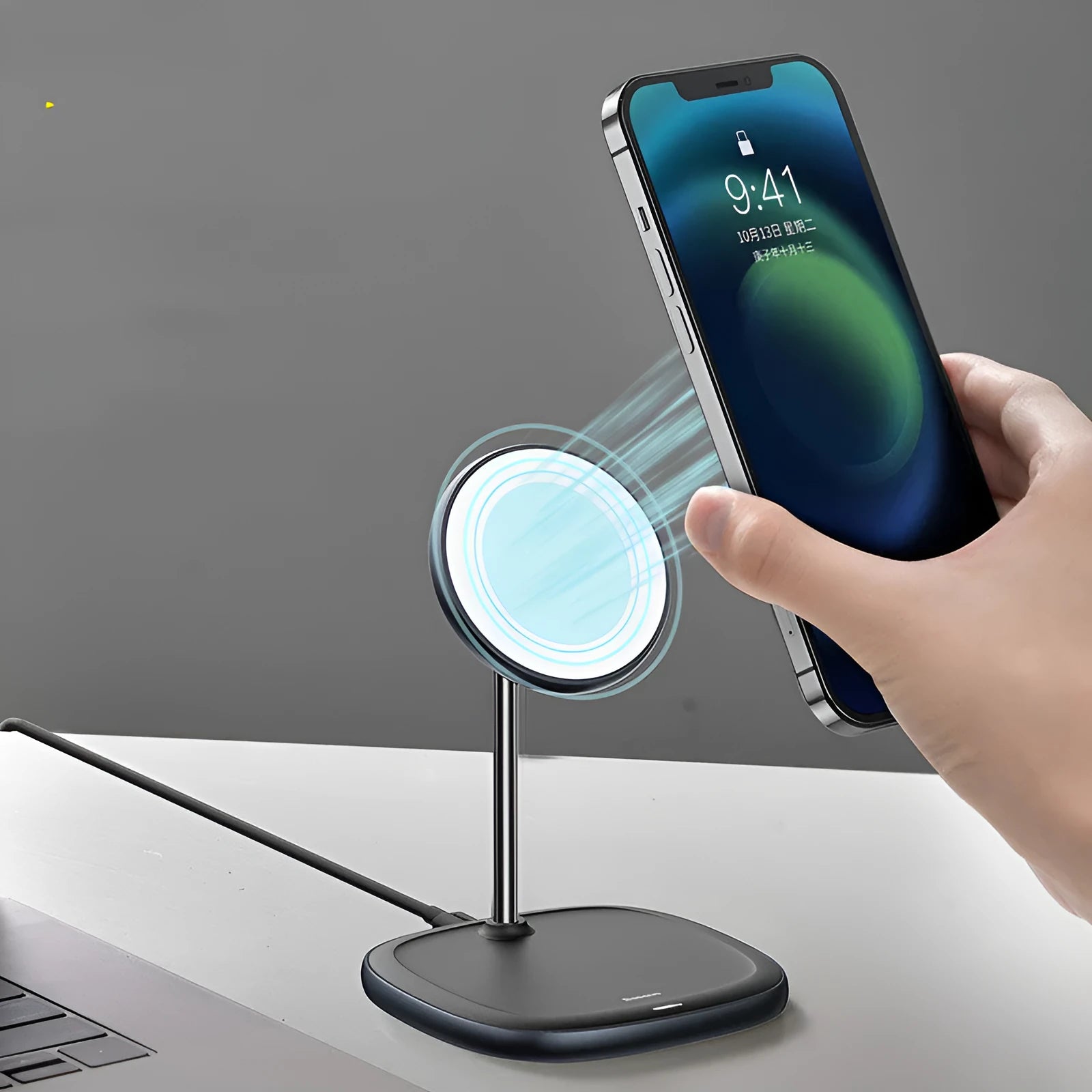Swan magnetic wireless charging stand for iPhone 12 in black or white colour with Type-C cable