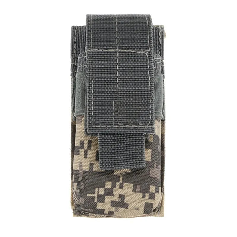 Black tactical MOLLE pouch with elastic cord closure for pistol cartridges or a small flashlight.