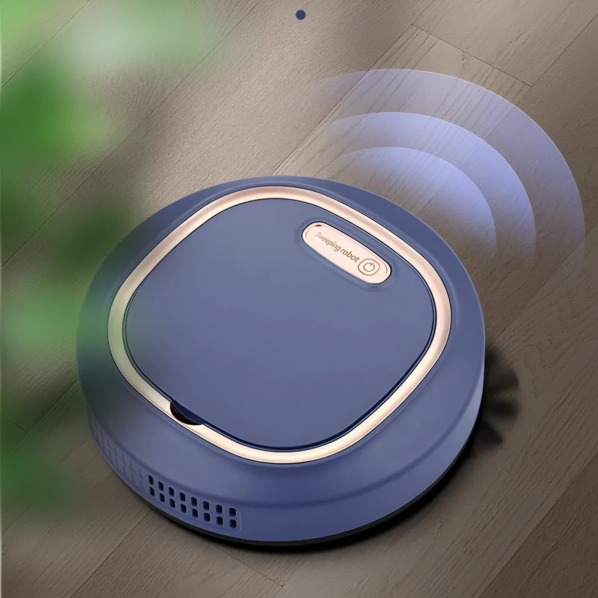 Blue and black intelligent sweeping robot vacuum cleaner on a hard floor with remote control