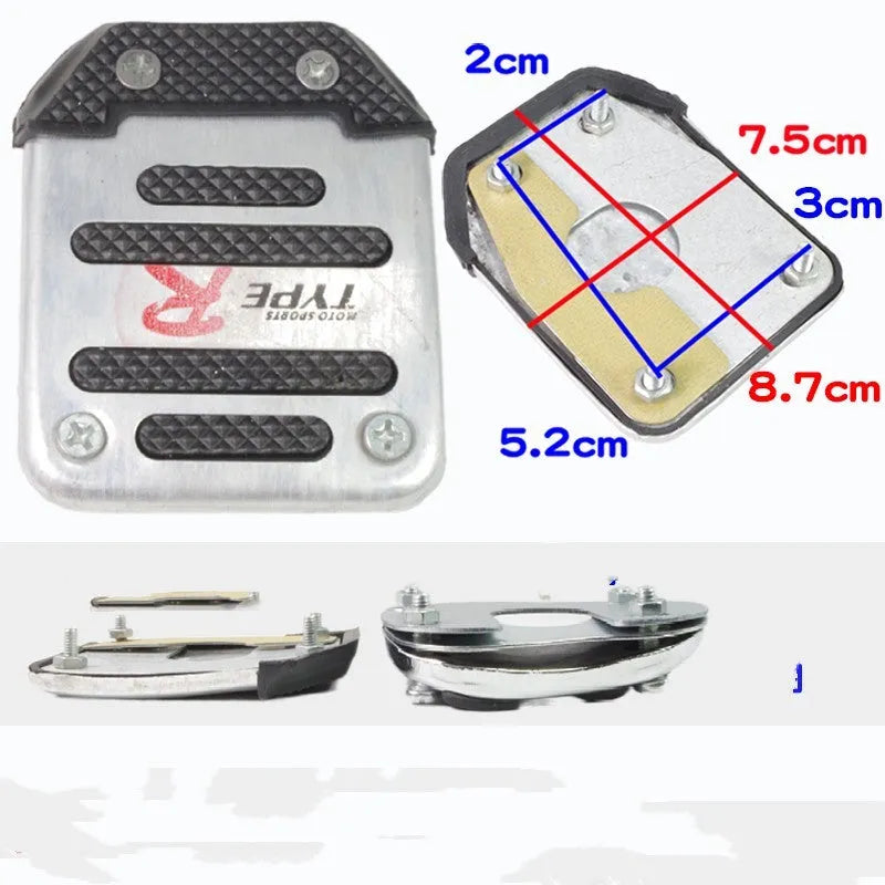 Metal motorcycle brake pedal skid plate shown in universal fit for foot pedal protection.