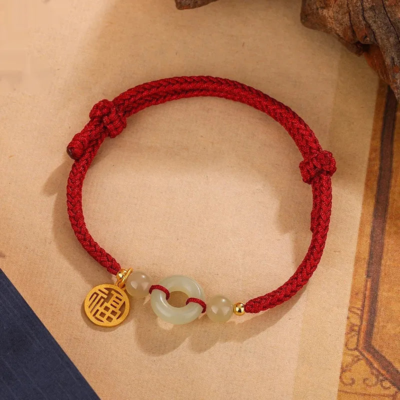 Silver geometric peace buckle Hetian jade bracelet with adjustable strap in black or wine red