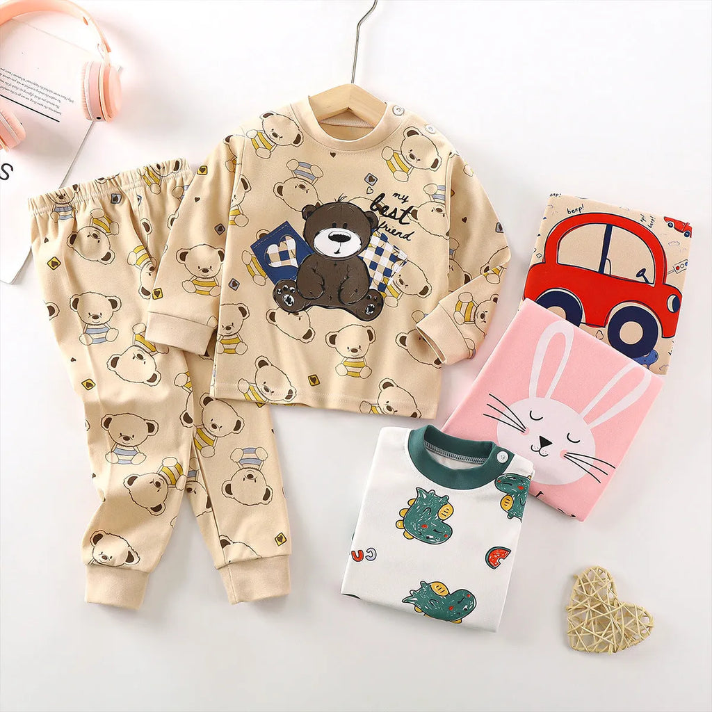Children's Suit Pure Cotton Baby Clothes Warm Loungewear Autumn Clothes Two-Piece Set with Cartoon Pattern Moisture-Absorbing Cotton Fabric for Spring and Autumn Neutral Toddler Pyjamas or Casual Wear