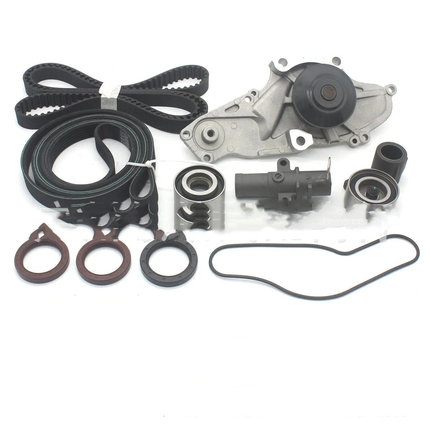 Metal belt and water pump automotive components assembly kit measuring 28x18x16cm