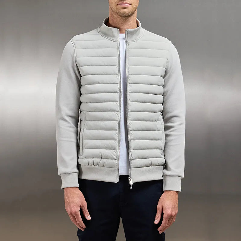 Men's lightweight stand collar coat with knitted stitching in solid colour, available in black, light gray, and navy blue