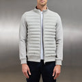 Men's lightweight stand collar coat with knitted stitching in solid colour, available in black, light gray, and navy blue