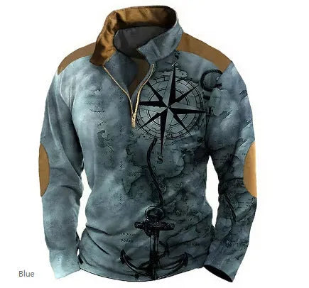 Man wearing a loose-fit long sleeve golf top with retro colour printing and a zipper decoration detail.