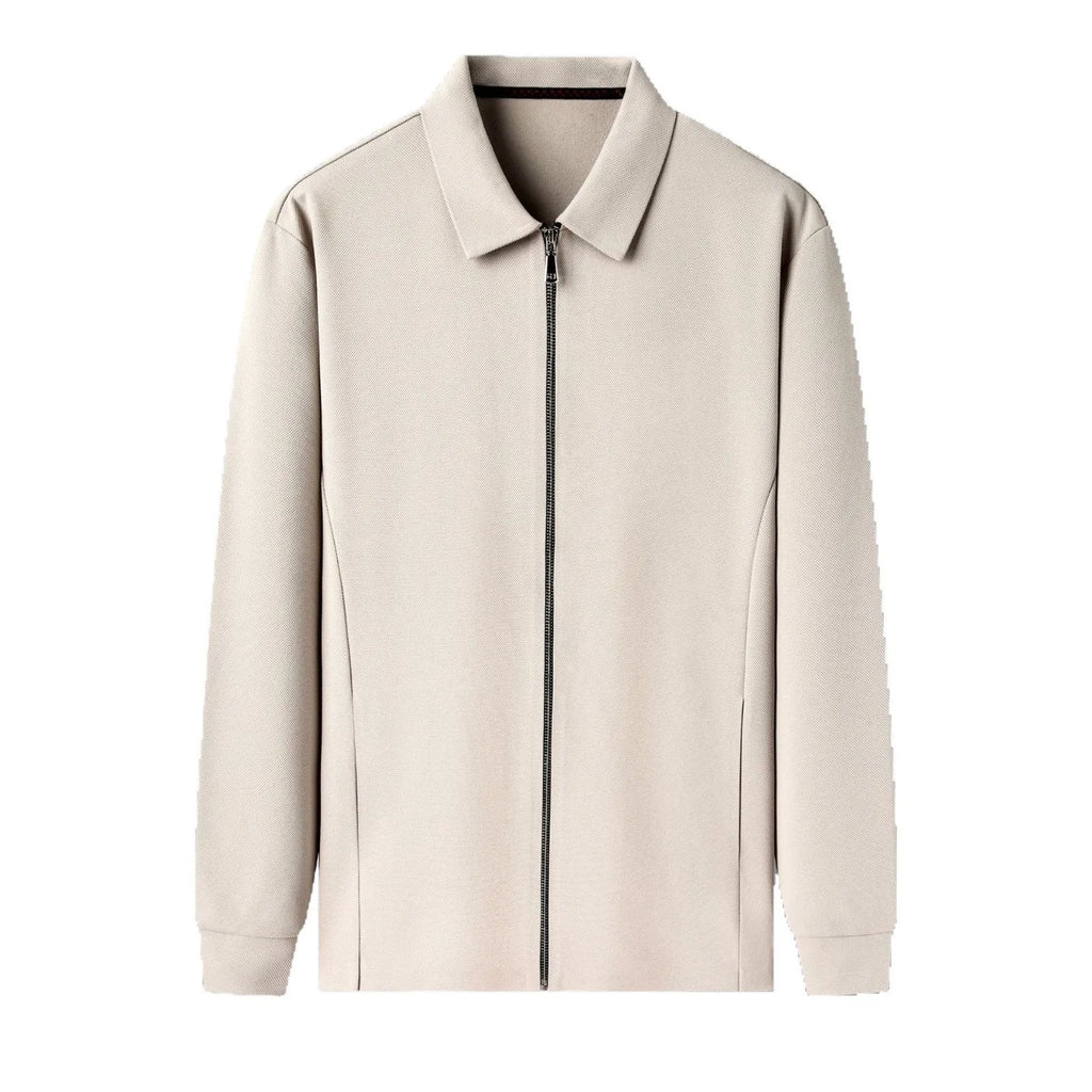 Men's straight-hem polyester jacket in apricot, shown on a hanger.