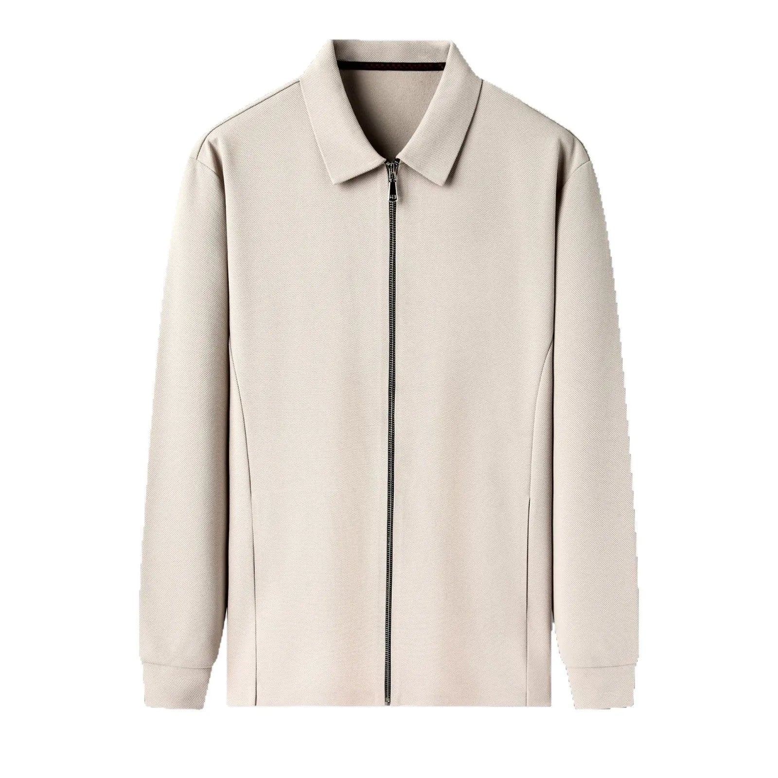 Men's straight-hem polyester jacket in apricot, shown on a hanger.