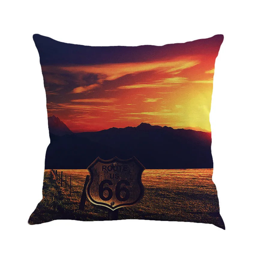 Route 66 landscape pattern linen cushion cover for 45cm square back pillow or car seat.