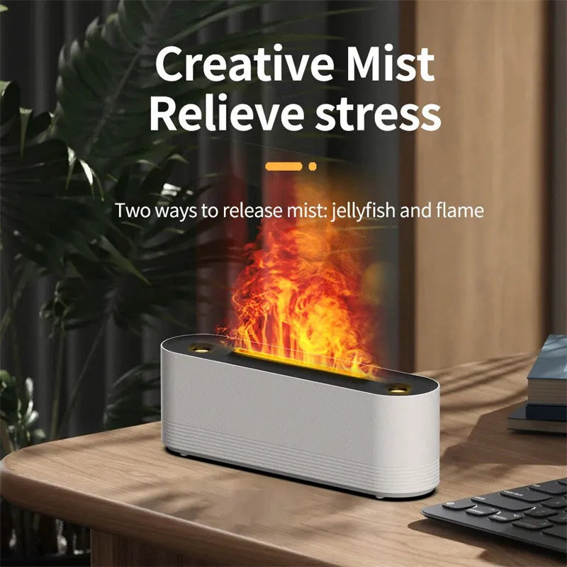 Black Flame Air ultrasonic humidifier with LED lights creating mist and flame effects on wooden surface